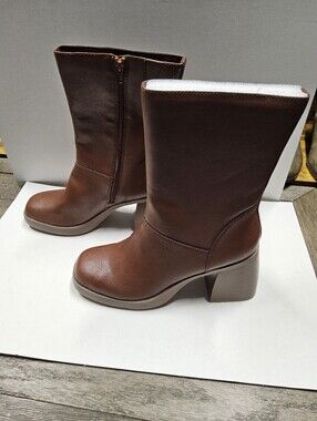 Sun + Stone Brown Mid-Calf Block Chunky Block Heel Women's Boots Size 10